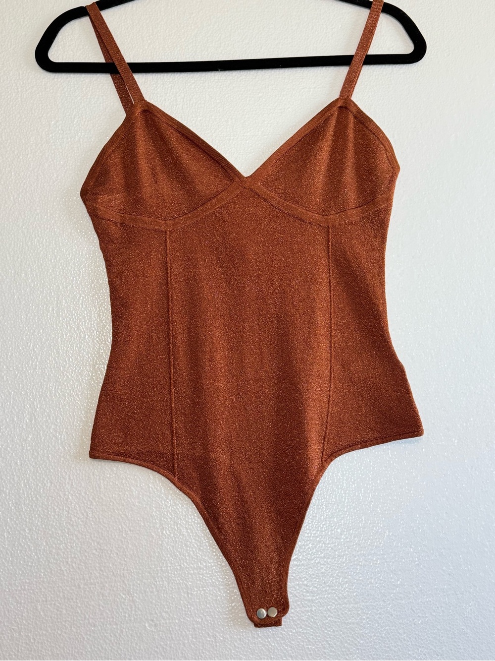 Joostricop Coffee Lurex Thong Bodysuit V-Neck Women Size M Brown Rust Shimmer